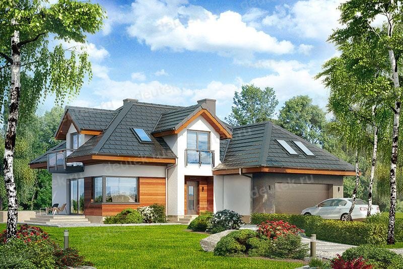 Проект дома 253 м2 с мансардой, двухместным гаражом, балконом и террасой - DTV100171