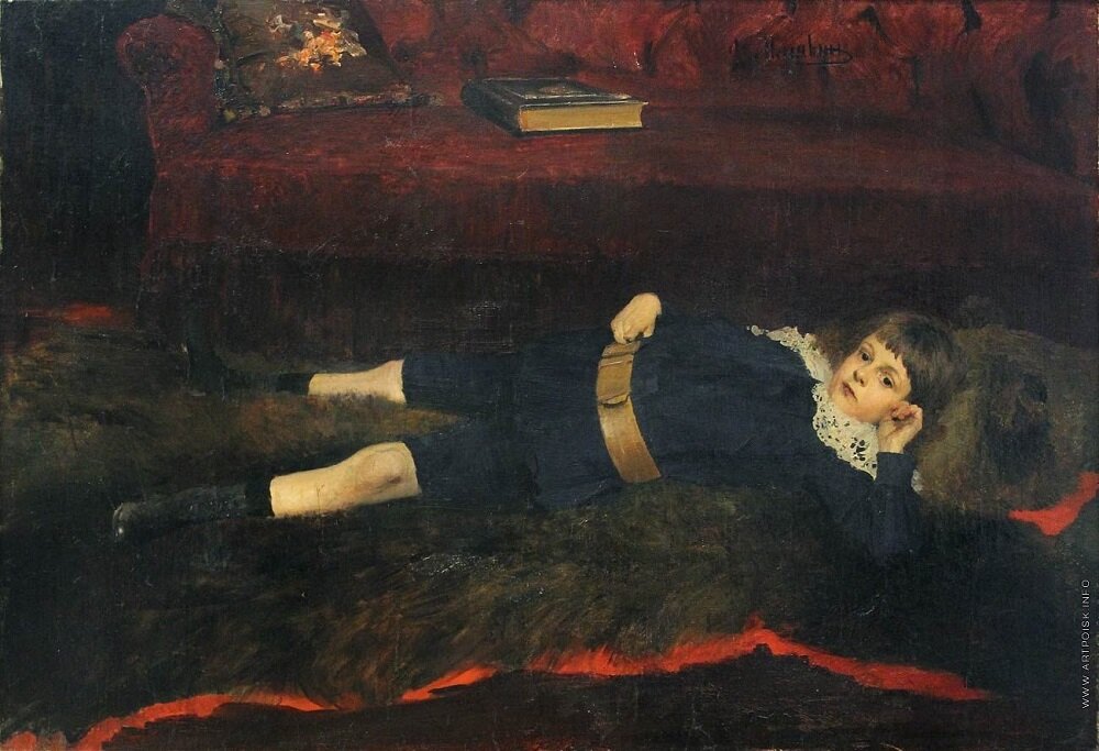 Филипп Малявин. Мальчик на медвежьей шкуре, 1897