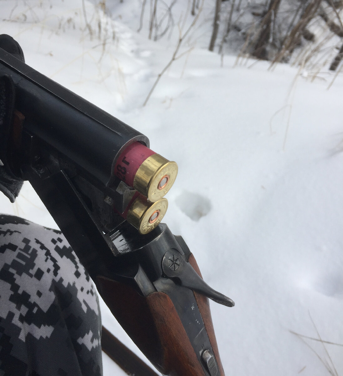 СКМ, 28 грамм, морозец тогда под -18 примерно был, но в лесу тепло, ветра не было