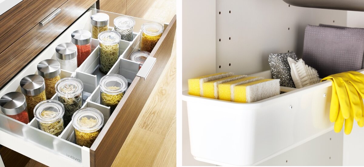 Организуйте пространство выдвижных ящиков и шкафчиков с дверками для удобства и порядка.