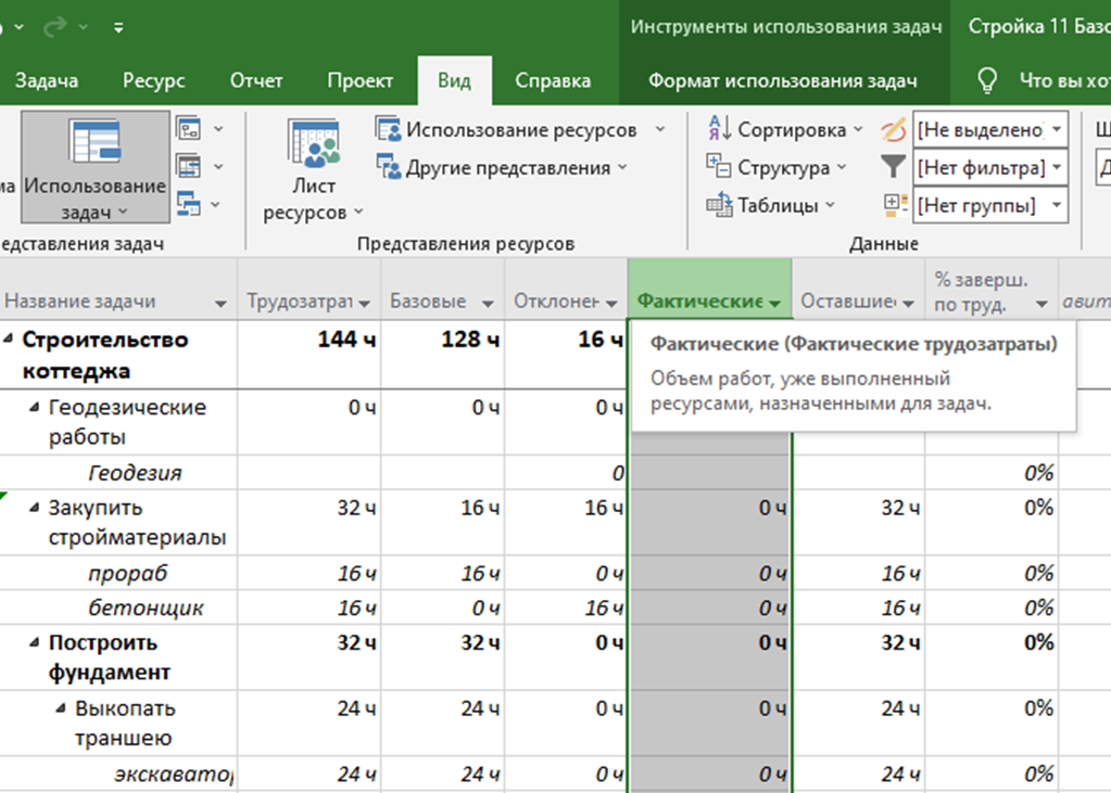 Статистика проекта в MS Project. Таблица для отслеживания выполнения задач. Мониторинг исполнения. Мониторинг выполнения планов.