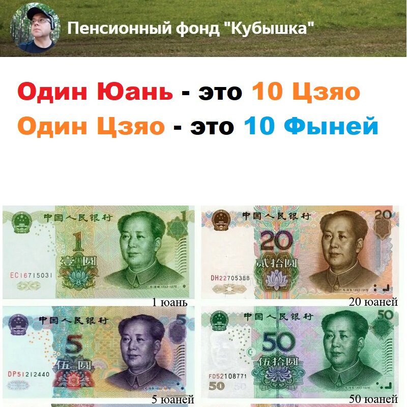 Один Юань - это 10 Цзяо. Один Цзяо - это 10 Фыней  