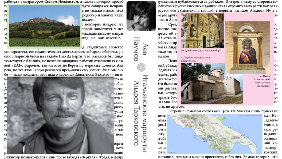 Коллаж из иллюстраций к книге Льва Наумова «Итальянские маршруты Андрея Тарковского», выпущенной издательством «Выргород»