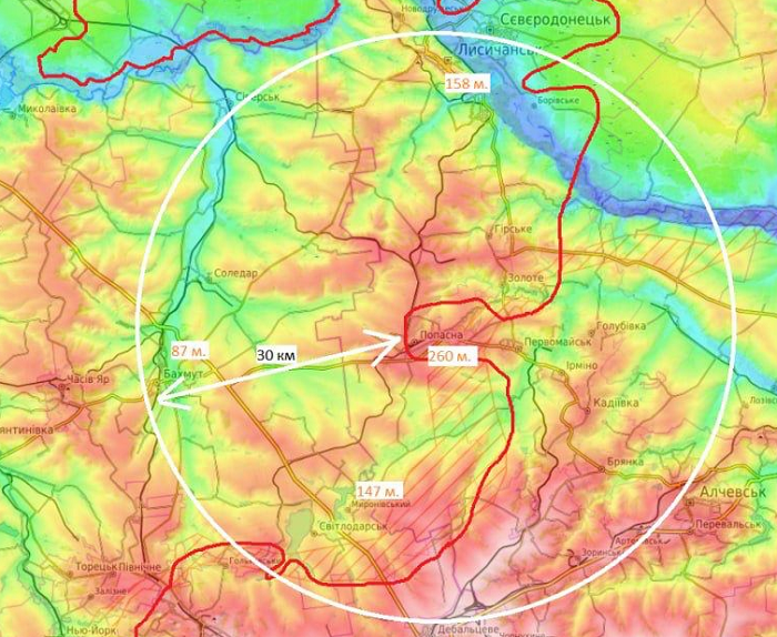 Топографическая карта местности с городом Попасная на Украине