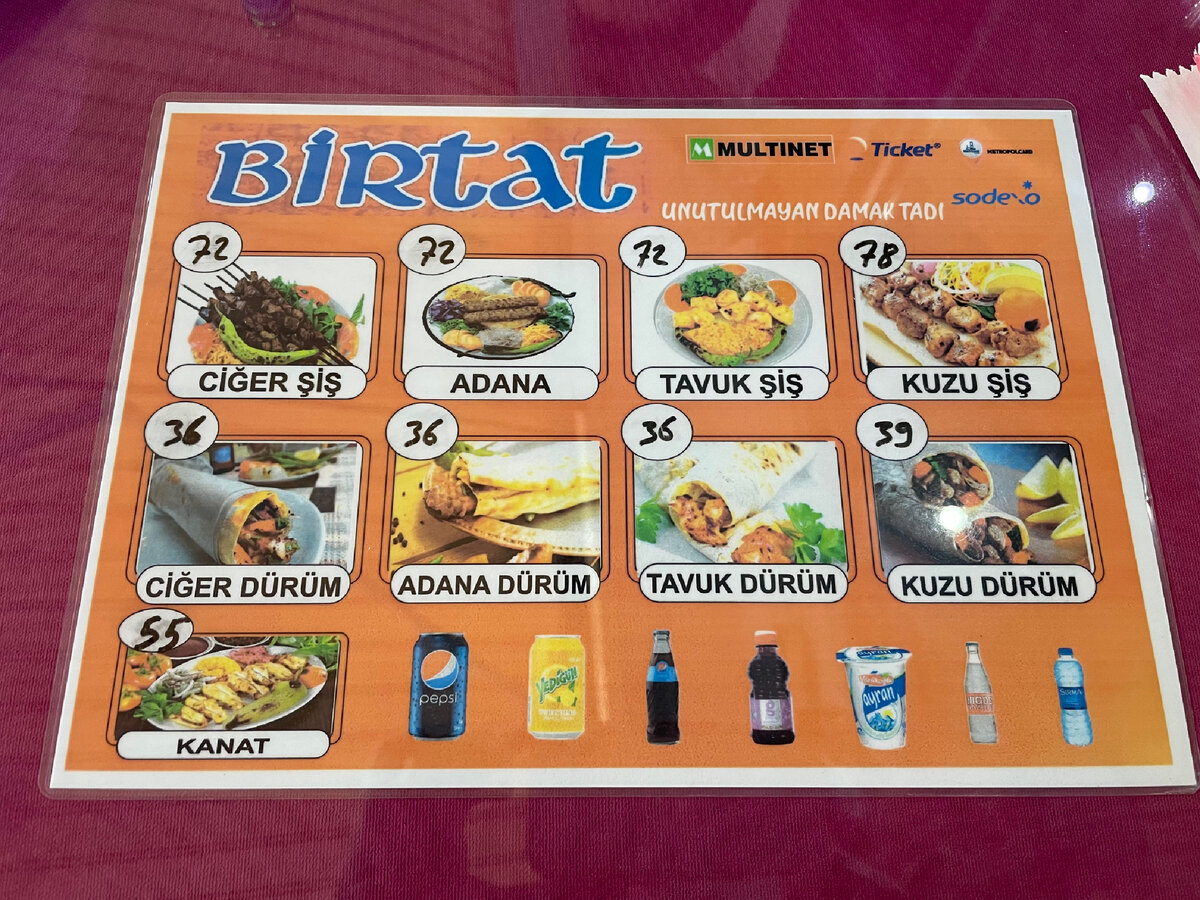 Меню вот так лежит на каждом столе под стеклом. Цен на напитки нет