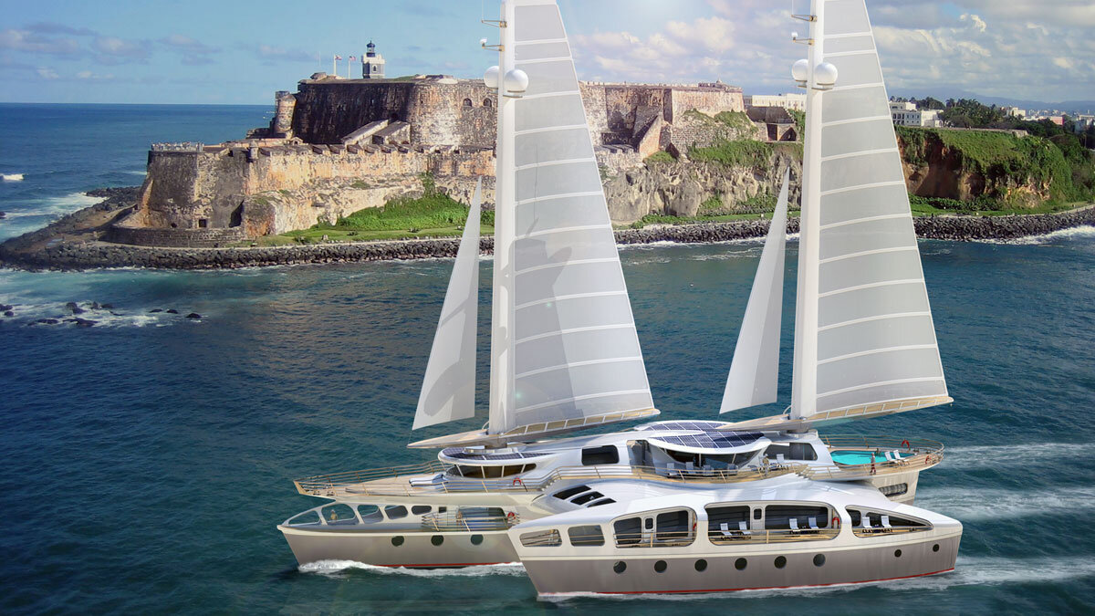    Две отдельно стоящие мачты суперяхты могут наклоняться вперед на 70 градусов, чтобы позволить судну проходить под большинством мостов