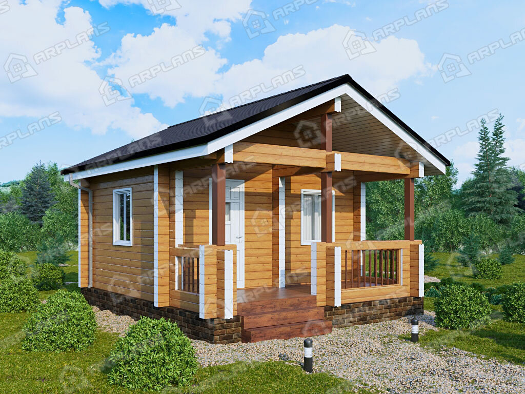 Фото 1 одноэтажной  бани из бруса с комнатой отдыха и террасой. Площадь 23 кв м. Источник arplans.ru Проект Б-063