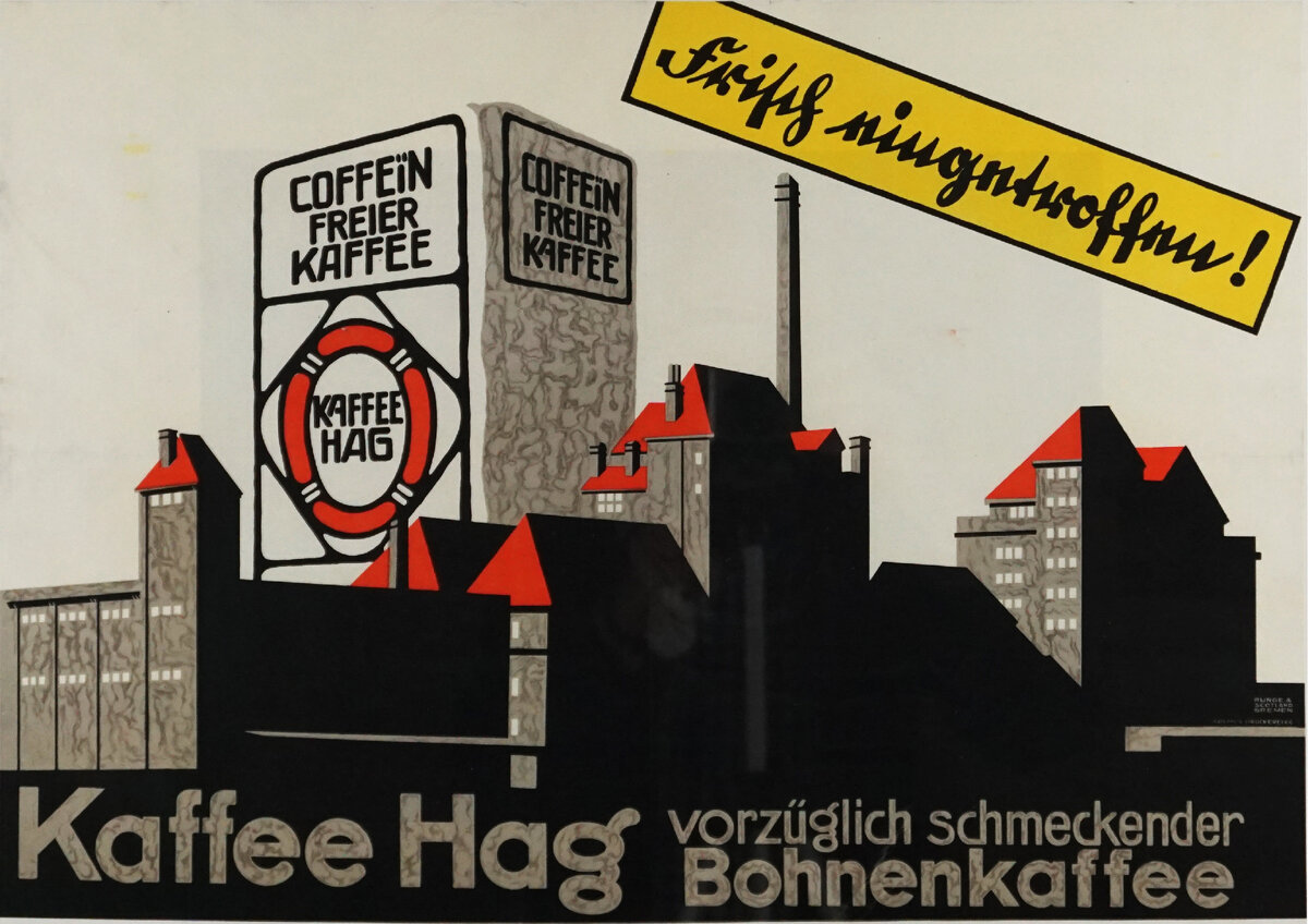 Рекламный плакат первого кофе без кофеина (бензольного) от немецкой компании Kaffee-Handels-Aktiengesellschaft. Картинка: Public Domain, https://commons.wikimedia.org/