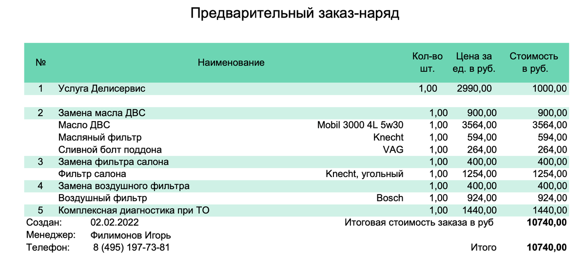 Предварительный заказ наряд.