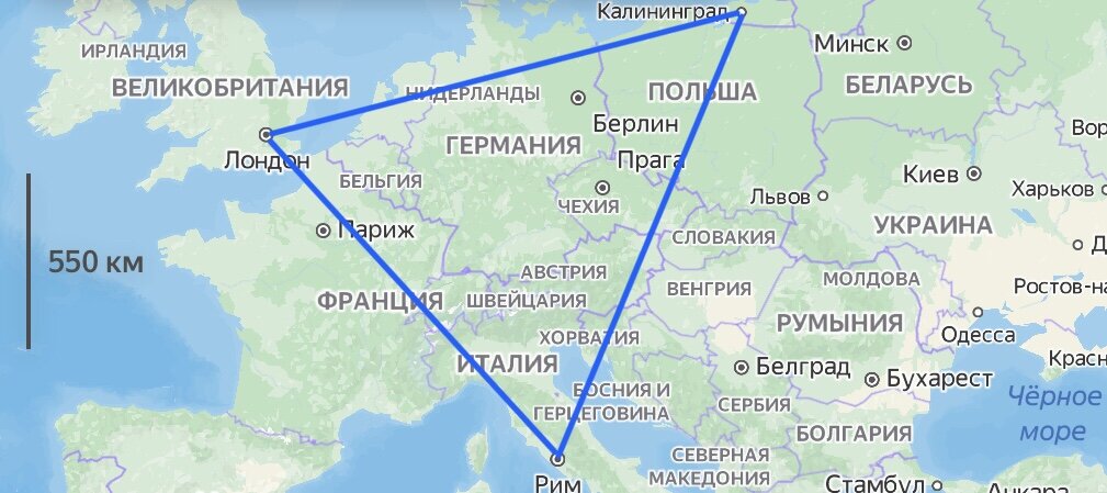 Карта Европы с границами Бермудского треугольника. 