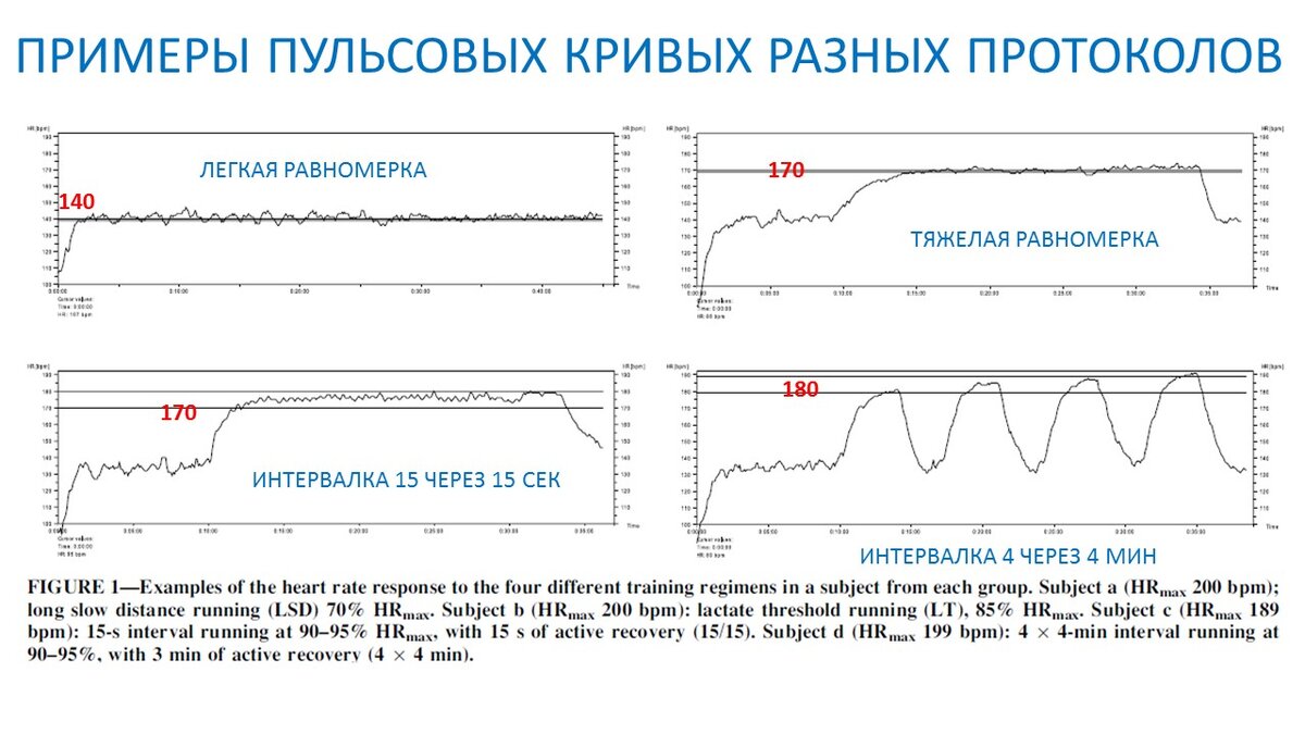 Рисунок 1. Примеры пульсовых реакций на 4 разных тренировочных протокола. Видно, что при интервальной работе пульс был выше