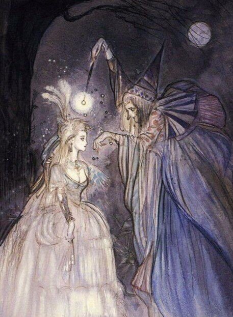 ... Крёстная только дотронулась до неё своею палочкой, и тот час же платье её превратилось в наряд, вышитый золотом и серебром и весь усеянный драгоценными камнями; потом она дала ей пару туфелек, отороченных мехом, таких красивых, что красивее и не бывает. (Из сказки Шарля Перро "Золушка или Туфелька, отороченная мехом")