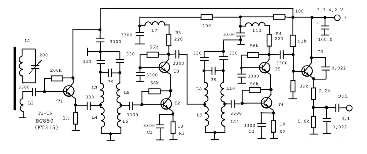 Входное устройство Т1, усилитель высокой частоты Т2 - Т5, детектор Т6. L3 - L6,  L8 - L11 - 3,3 мкгн, L7, L12 - 10 мкгн.
