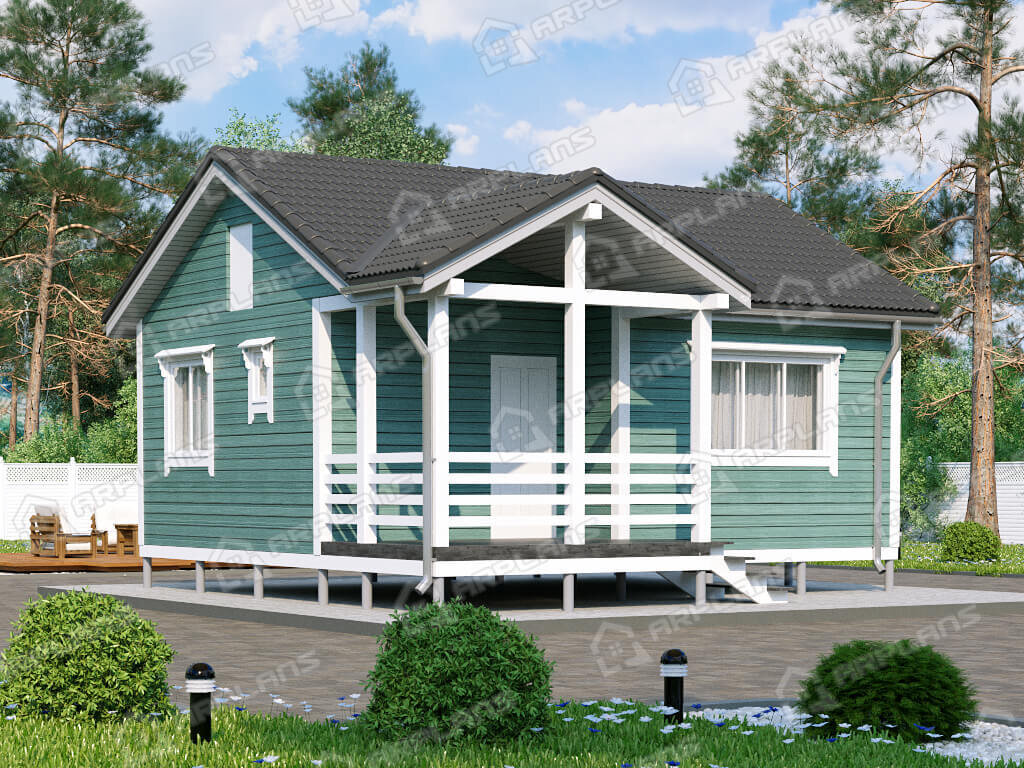 Фото 1 одноэтажного каркасного дома с 1 спальней и террасой. Общая площадь 45 кв м. Источник arplans.ru Проект И-094