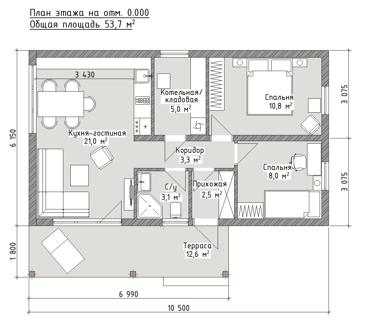 План бюджетного мини-домика 10,5*6,15