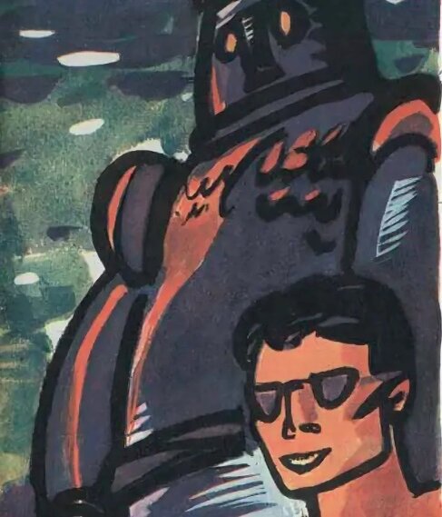 Примерно так выглядел Железный Человек. Мужчина в очках - случайно оказавшийся на пляже филолог, специализирующийся на тангутском языке. Иллюстрация к рассказу. Журнал "Советский воин" (1962 г.)