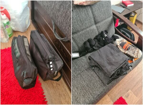 Слева — средства гигиены и аптечка, справа — чистая рабочая одежда для летней вахты: шапка, шарф, нательное белье, кофта и подштанники / Фото предоставлено Сергеем Гавриленко