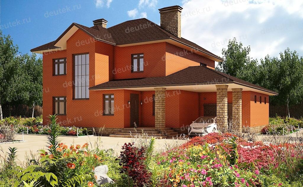 Проект двухэтажного дома 294 м2 из кирпича с подвалом, гаражом, навесом и террасой - DT0290