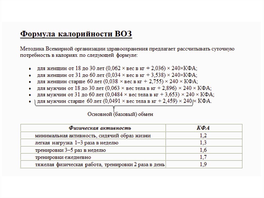 Расчет обмена. Формула калорийности воз. Формула воз для расчета калорий. Формула воз для расчета калорийности. Основной обмен формула воз.