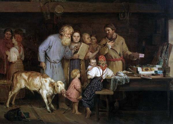 Фрагмент картины "Офеня коробейник". Художник Николай Кошелев. 1865 г.