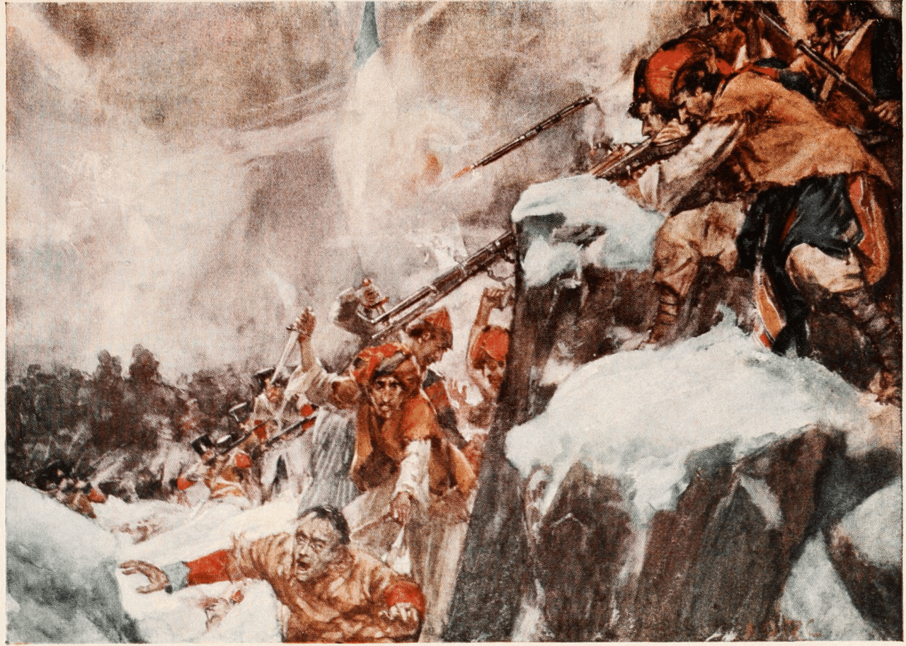Англичане прорываются под огнем афганцев (рис. 1909 года).