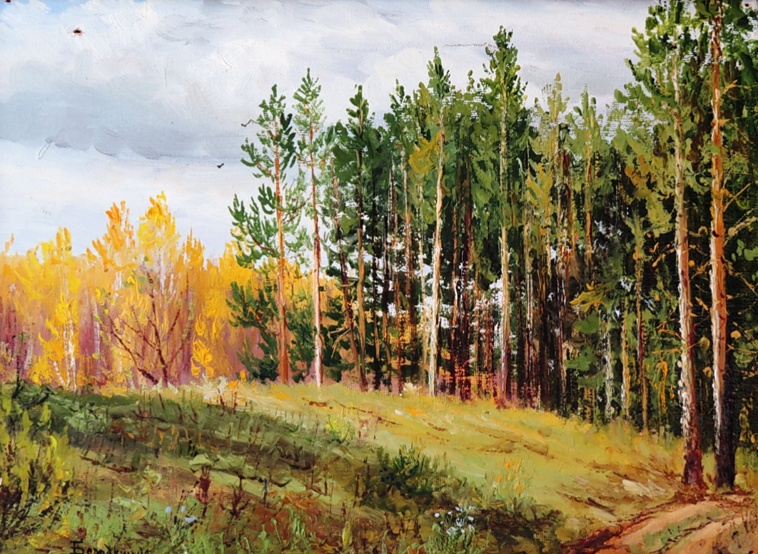 Фотография картины Д. Бородкина "Берёзы и сосны" (из открытых источников)