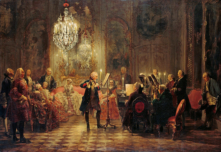 "Концерт для флейты Фридриха Великого в Сан-Суси", 1852 г. 142 х 205 см. Старая национальная галерея в Берлине