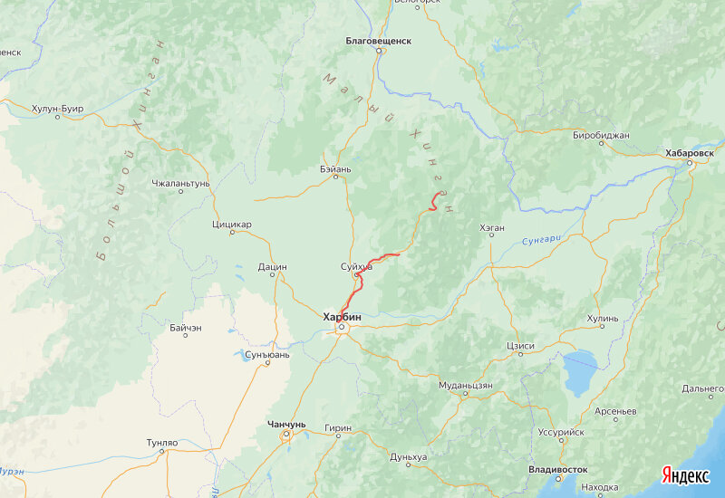 Действующая железнодорожная линия от Харбина до Тели и построенный участок в районе Ичуня