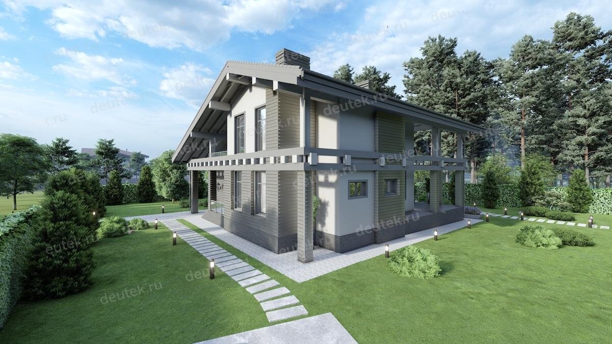 Проект двухэтажного дома 346 м2 с сауной, балконом, вторым светом и террасой DTE-157