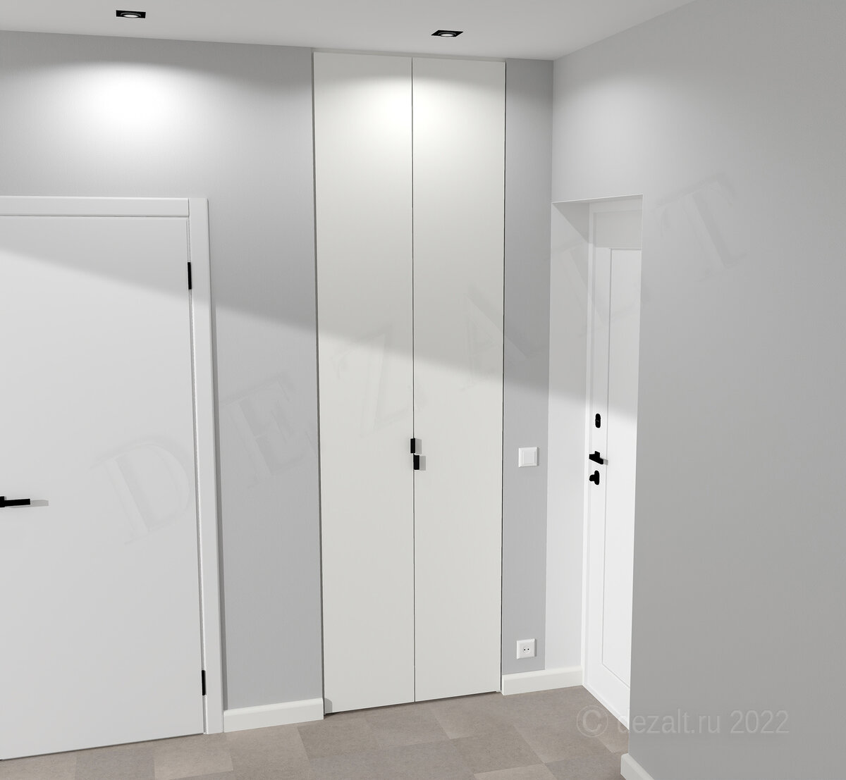 У клиента ручка у входной двери черная, поэтому и у шкафа я сделал черные две ручки. Хотя можно и матовый металл сделать. Клиент решит. 