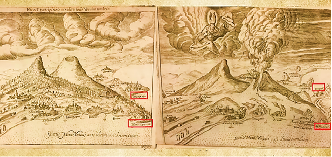 Джованни Маскола, неаполитанский учёный описал извержение 1631-го года, выпустив книгу с рисунками Помпеи и Геркуланума. Слева - Везувий до извержения, новая Помпея указана уже близко от берега, как и Геркуланум. Справа- изображён сам момент катастрофы с расколом вулкана и заливанием Помпеи лавой.