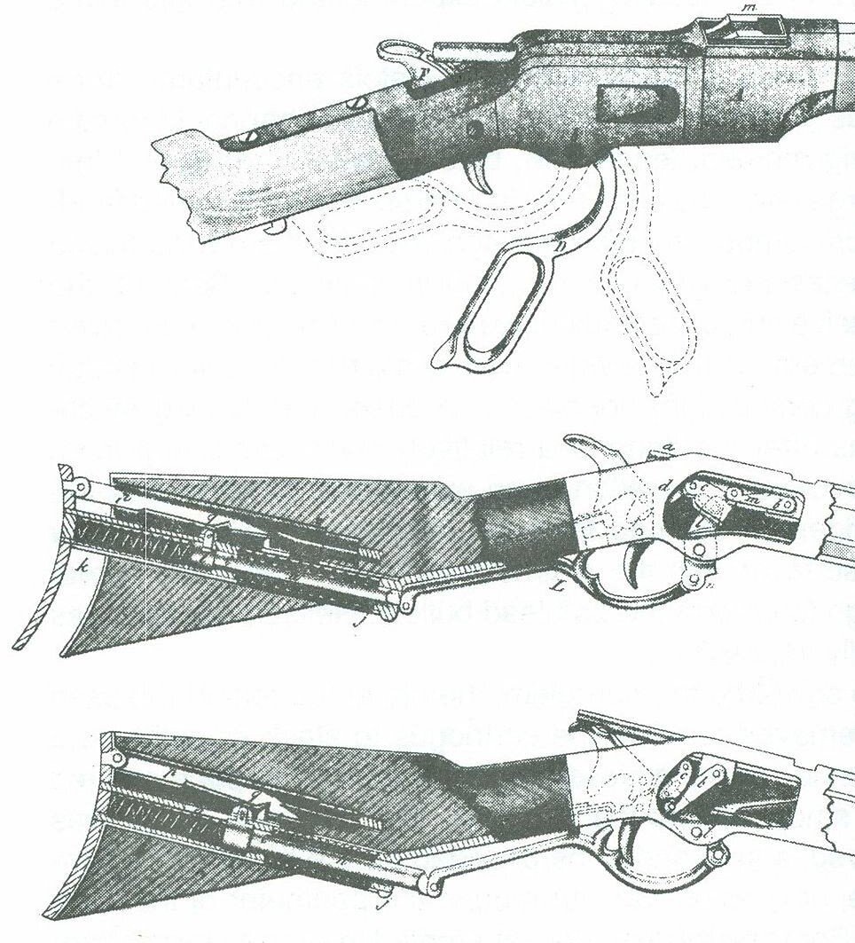 Вверху - винтовка Винчестера обр. 1866 года до переделки. В середине - винтовка с системой перезарядки Максима до выстрела. Внизу - винтовка с системой перезарядки Максима после выстрела.