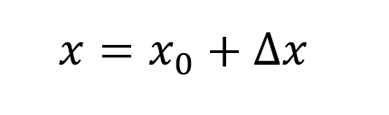 x - координата тела, xₒ - начальная координата тела, Δx - перемещение тела.