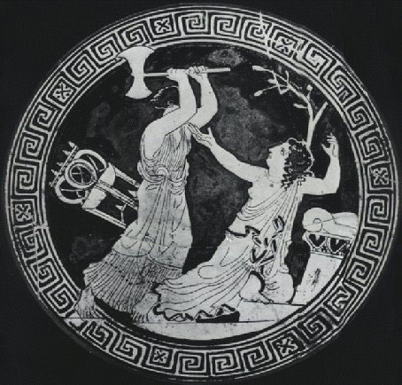 Сцена из трагедии Эсхила: Клитемнестра убивает
Кассандру.