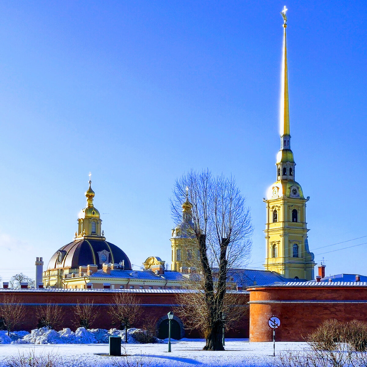 Фотографию сделала ранней весной. Ещё много снега. Шпиль Петропавловского собора ослепительно сверкает - видно издалека. 