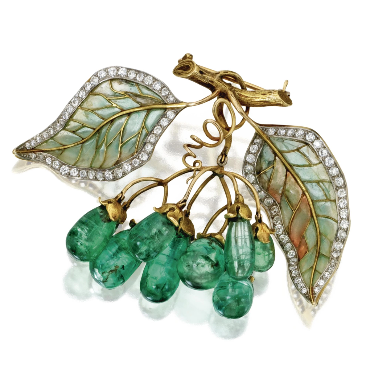 Art nouveau Gold, Emerald, Diamond, plique-à-jour Enamel Brooch, Marcus & co., circa 1900