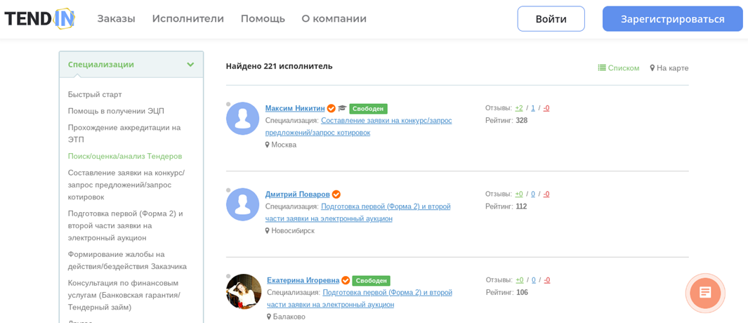 Исполнители на Тендин, специализирующиеся на поиске и анализе тендеров