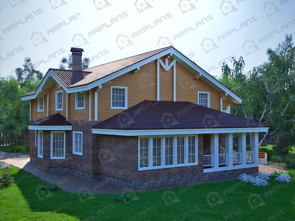 Фото 2 комбинированного дома из газобетона и бруса с мансардой, 4 спальнями, кабинетом, балконом, эркером, террасой и газовой котельной. Общая площадь 352 кв м. Источник arplans.ru Проект А-013 
