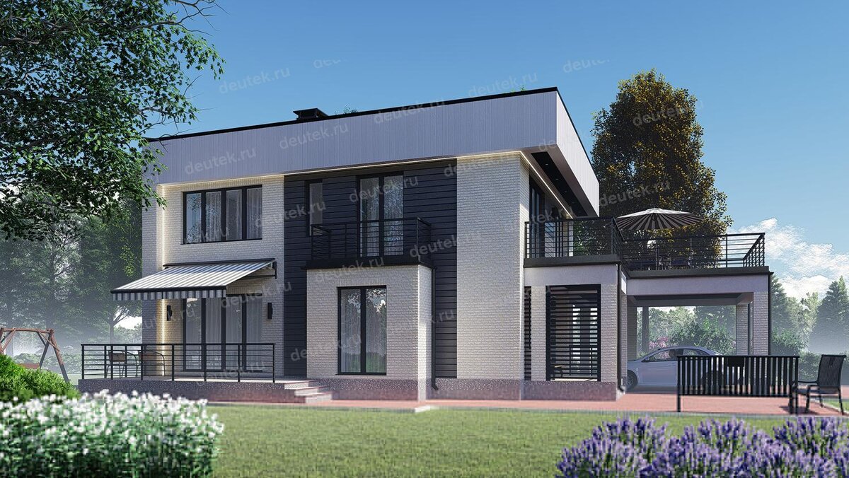 Проект двухэтажного дома 203 м2 с библиотекой, навесом, балконом и террасой - KVR-129