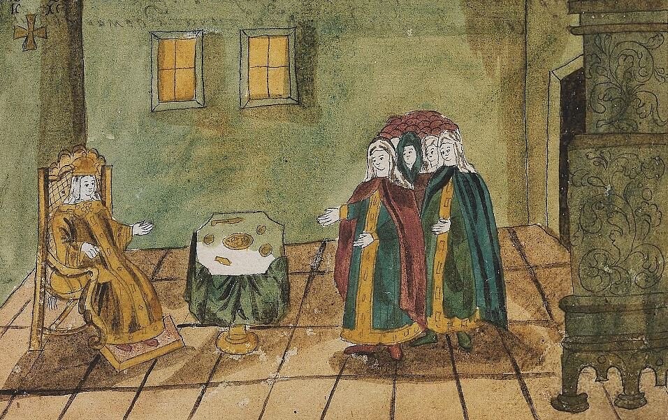 Боярыни подносят царице завтрак.Рисунок из рукописной книги: Описание в лицах торжества, происходившего в 1626 году февраля 5 дня при бракосочетании царя и великого князя Михаила Фёдоровича с государынею царицею Евдокией Лукьяновной из рода Стрешневых. Россия, первая половина XVII века.