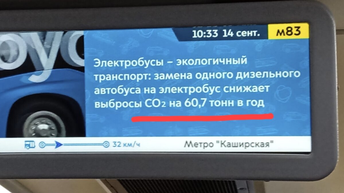 Информация на информационном табло электробуса в Москве. Газ СО2 измеряется в тоннах.