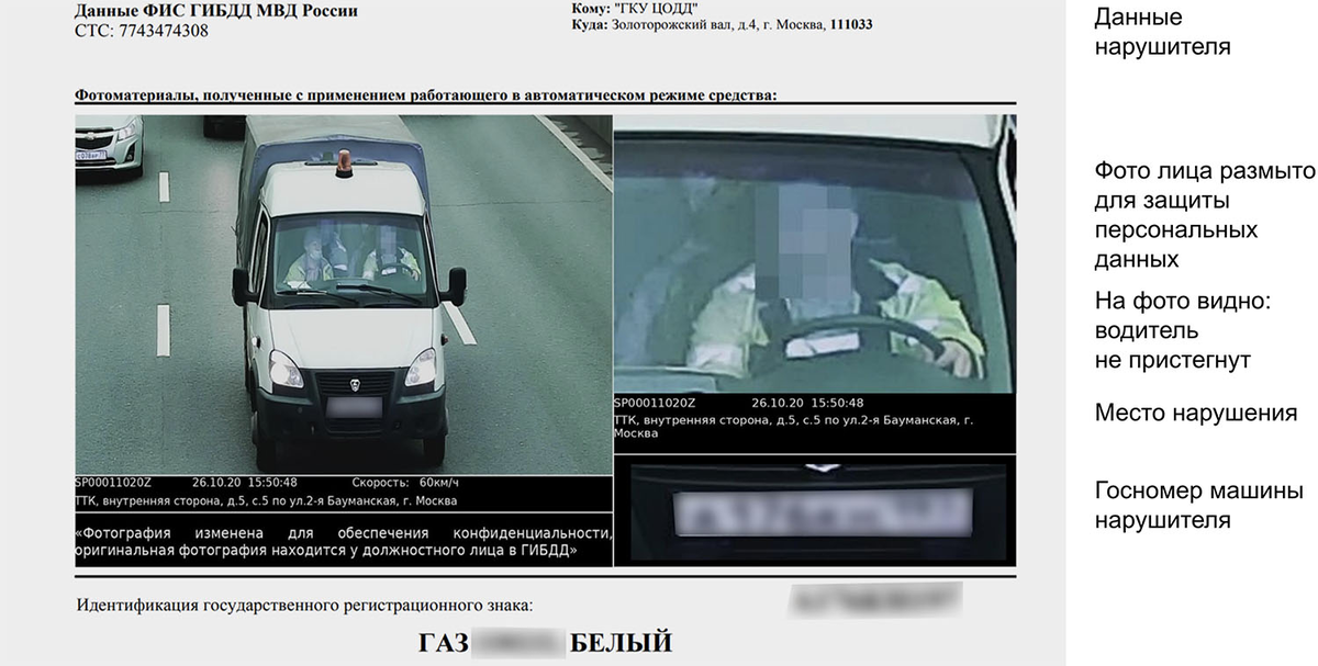 Если штраф за непристегнутый ремень приходит с камеры, в постановлении будет фото нарушения. Лицо водителя на нем не видно, но у ГИБДД хранится оригинальное фото на случай обжалования штрафа