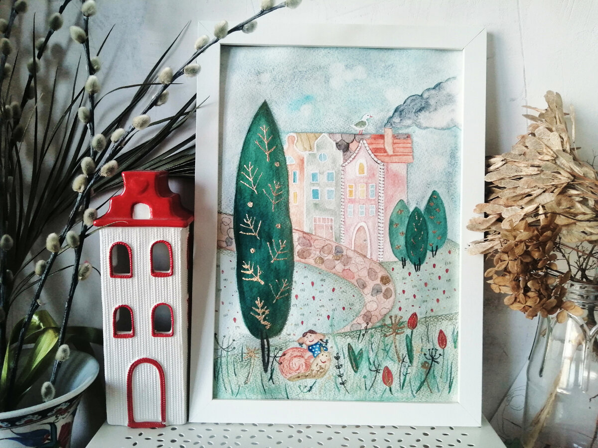 Ещё одна картиночка из Калининграда. Акварель handy, гуашь, карандаши derwent drawing, поталь