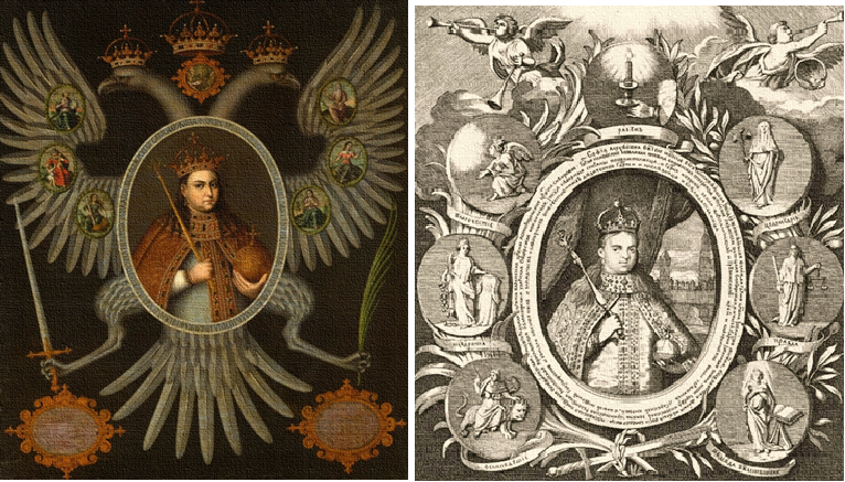 Царевна Софья. Слева - портрет работы неизвестного художника: 1686-1689 гг. Находится в Государственном Русском музее СПб. Справа - копия Афанасьева 1777 года с прижизненного оригинала гравера Л. Тарасевича, созданного на основании портрета Софьи «в орлах». (фрагмент). То, что Софья обозначена на портретах самодержицей России без её венчания на царство, а потому - наследницей и сообладательницей(вместе с Иваном и Петром) Российских земель (на портрете справа) означает её титул консула от Петрополиса, как Св. Римской империи. Скрывая этот факт на портрете слева потому внизу подчищены тексты в овальных рамках.