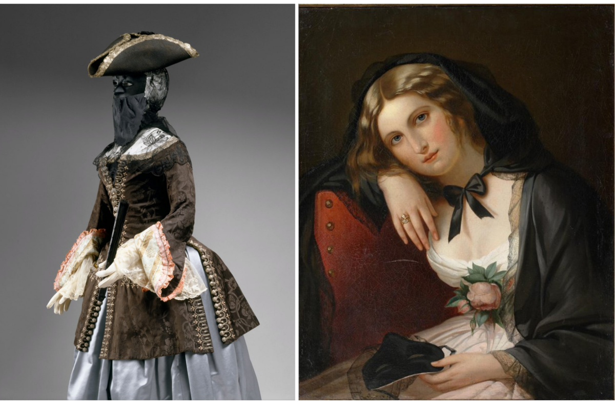 Жакет, вторая четверть XVIII века. Италия. Музей Метрополитен. Справа - Неизвестный русский художник середины XIX века. Портрет неизвестной в маскарадном костюме. Музей В.А. Тропинина и московских художников его времени, Москва.