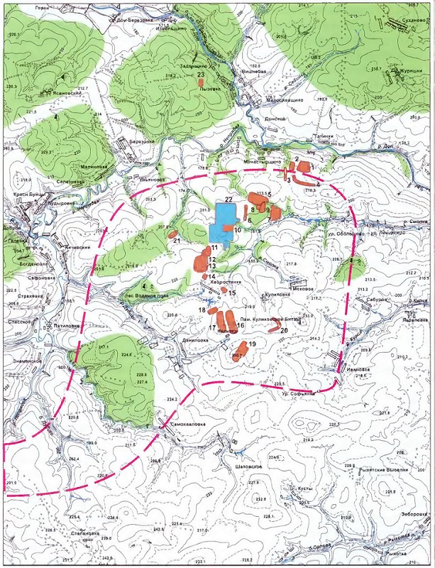 Расположение поисковых участков на Куликовом поле.  Розовым пунктиром обозначена зона распространения находок XIV века на Куликовом поле по М. В. Фехнер.  Красным цветом обозначены поисковые участки Верхне-Донской археологической экспедиции ВДАЭ), голубым цветом - зона работ военно-исторического отряда ВДАЭ.