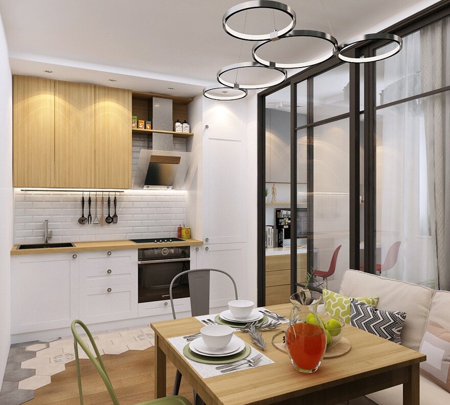 Просто, но со вкусом. Прямоугольная сканди-студия с интересными решениями