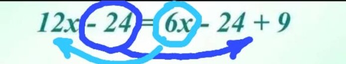 Помним, что числа находящиеся слева и справа от = это жители стран , где слева живут числа с переменной, справа страна, где живут числа без переменной. На рисунке видно, что - 24 находится не в своей стране и  6x тоже находится не своей стране. 