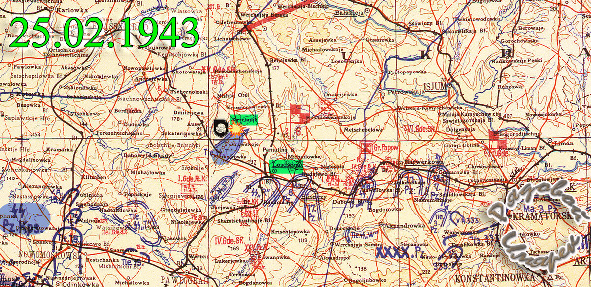 Немецкая оперативная карта положения войск 25.02.1943. Зеленым маркером на карте обозначены: город Лозовая, а северо-западнее н.п.Артельное (возле которого зенитным огнем 26.02 будет сбит Fieseler Fi-156 Storch с командиром Мёртвой головы Теодором Эйке на борту)