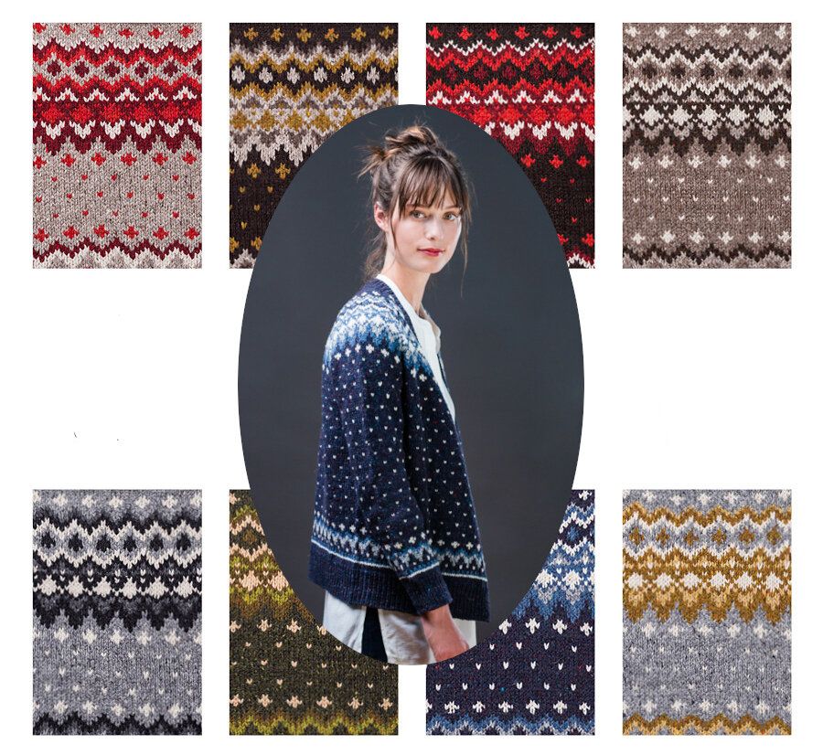 Примеры цветов для жаккардового Кардигана Galloway от Jared Flood